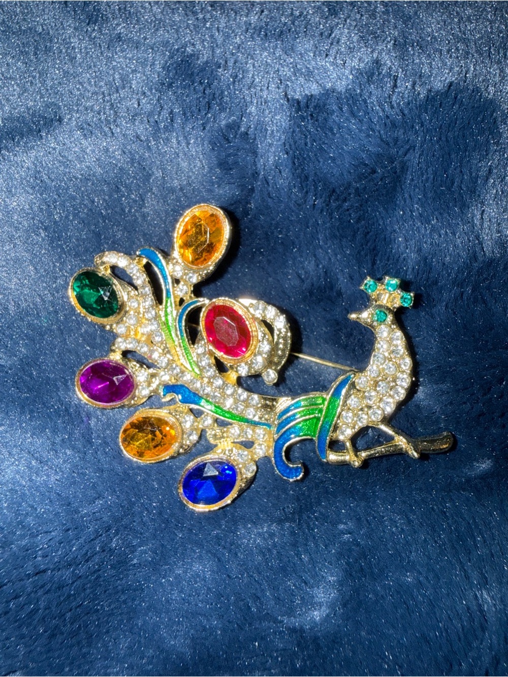 Peacock Brooch Multi Colored Rhinestones and Enamel Gold Tone Pin #12